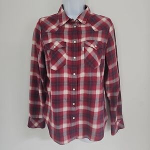 Levis Tailored Fit Red Plaid Pearl Snap Western Shirt Medium Long Sleeve